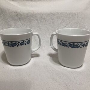 CorningWare Mugs Set of 2 Blue Floral Rim White Coffee Tea Cups Vintage